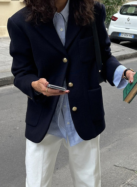飒爽英伦风~2024新款 休闲宽松显瘦金属扣藏青色毛呢西装外套女