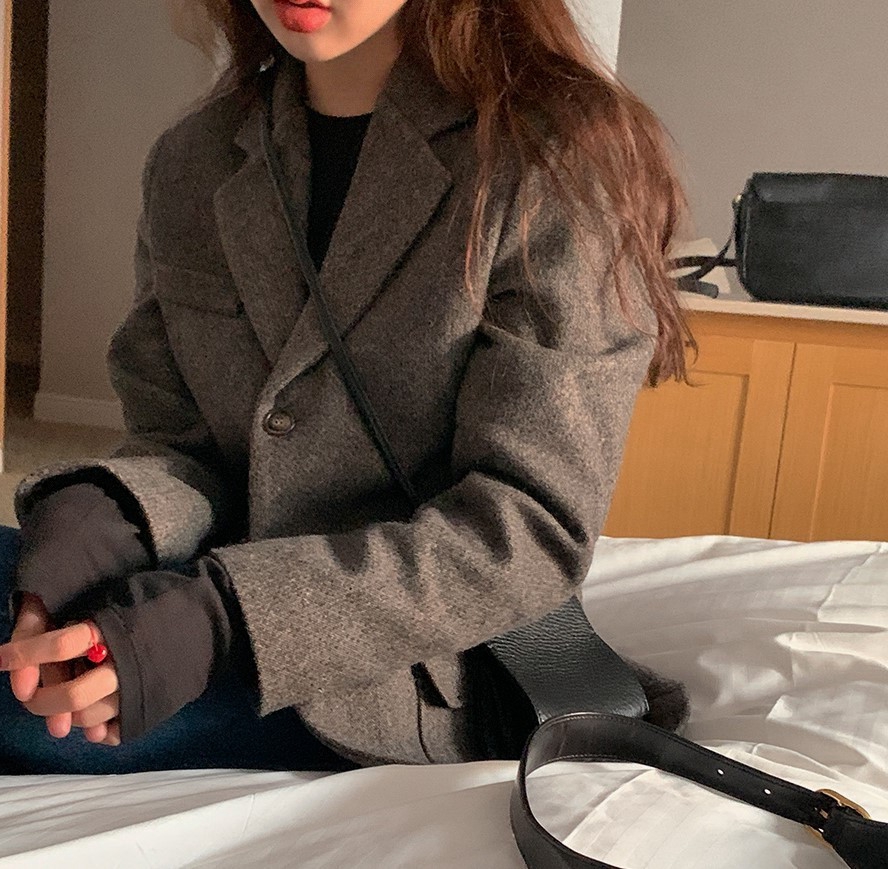 ◆格林瓦尔 50%羊毛 韩版休闲宽松复古英伦风格纹毛呢西装外套女