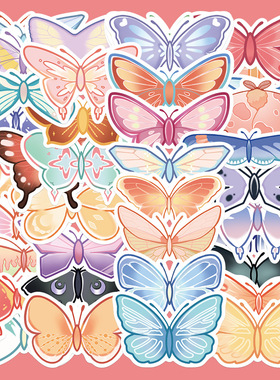 40张原创手绘少女心蝴蝶贴纸手账本手机壳电脑ipad装饰防水贴画