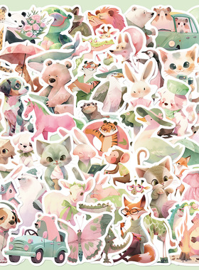 50张可爱卡通粉绿动物贴纸手账透明手机壳DIY装饰小图案ipad贴画