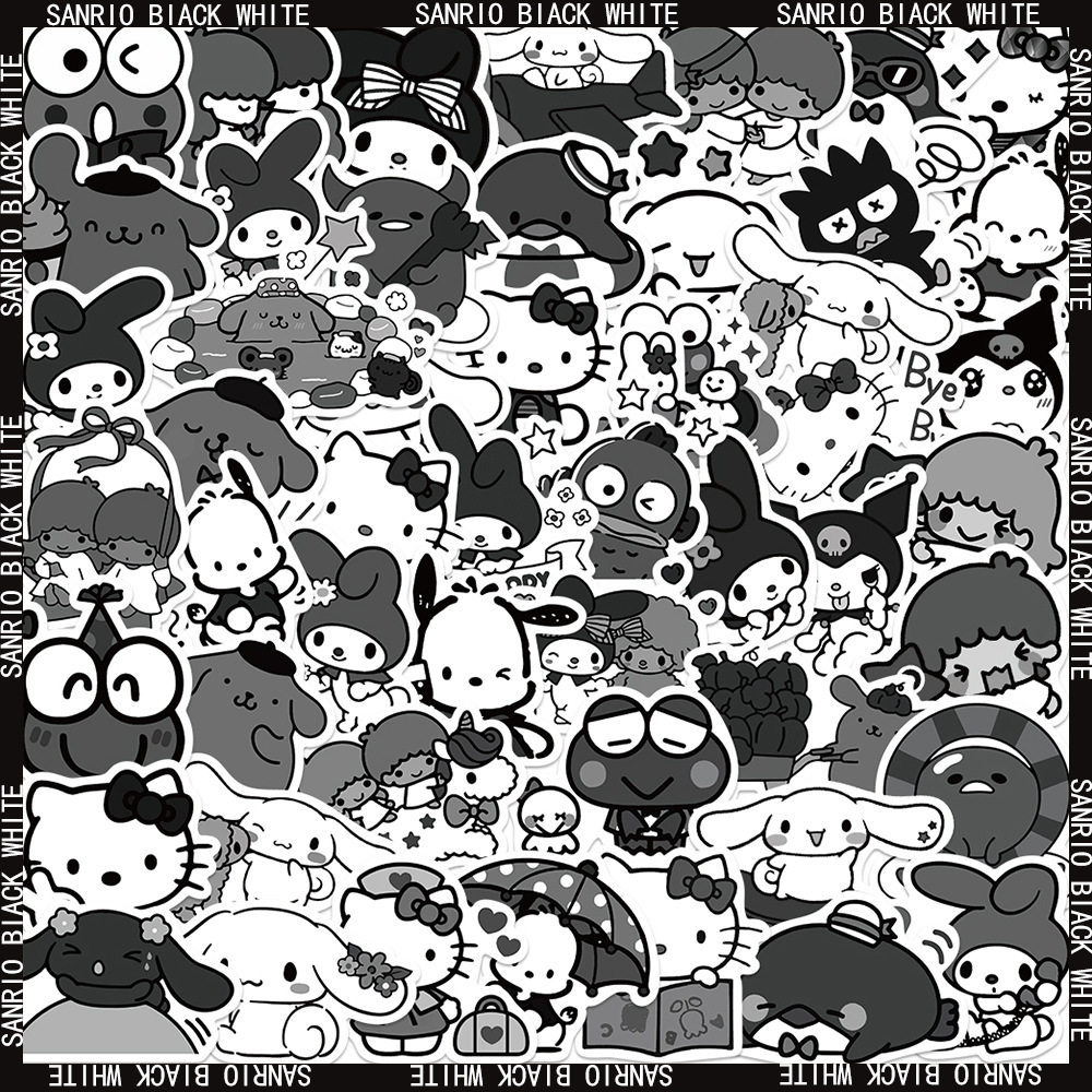 50张可爱三丽鸥混合黑白卡通贴纸装饰笔记本手账ipad行李箱贴画