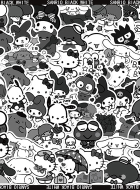 50张可爱三丽鸥混合黑白卡通贴纸装饰笔记本手账ipad行李箱贴画