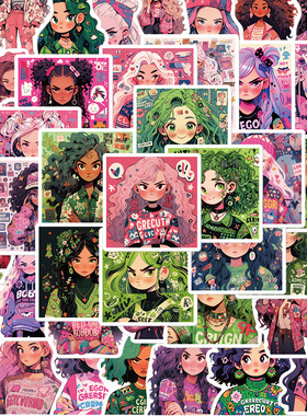 50张卡通多巴胺女孩涂鸦贴纸个性装饰笔记本手账本DIY防水贴画