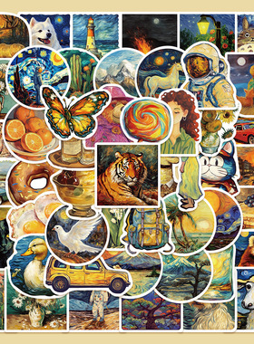 50张油画万物贴纸笔记本电脑行李箱手机壳手账本装饰防水diy贴画