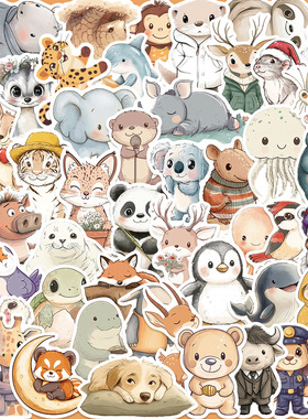 50张舒适的动物标志卡通贴纸水杯冰箱镜子手账DIY装饰防水贴画