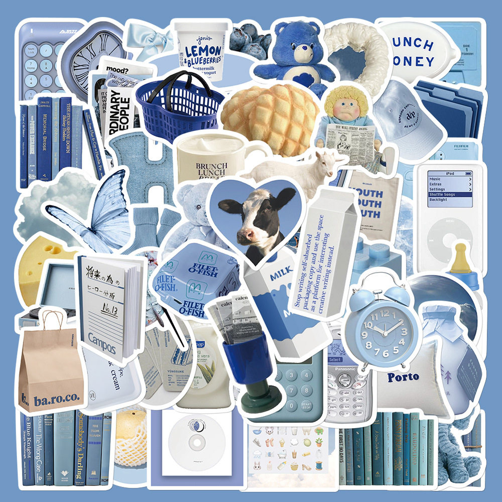 60张蓝色系贴纸ins简约可爱风手机壳手账本电脑ipad装饰防水贴画