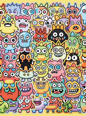 50张卡通可爱小怪兽贴纸手账透明手机壳DIY装饰行李箱笔记本贴画