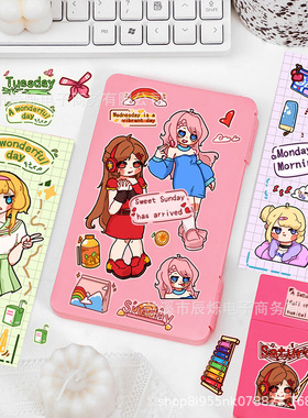 8款卡通星期女孩拼贴画换装diy透明手机壳手账本装饰儿童可爱贴纸