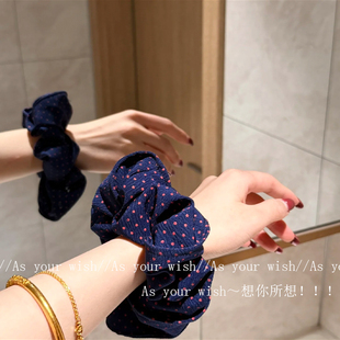 巨显白 藏青波点大肠发圈韩系少女丸子头发饰气质百搭扎马尾发绳