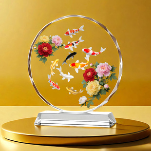 牡丹锦鲤摆件水晶吉祥物聚财客厅店铺玄关入户镇宅乔迁送礼物摆台