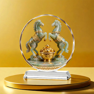 双马聚宝水晶摆件生肖马招财客厅酒柜装饰品办公室摆台开业乔迁礼