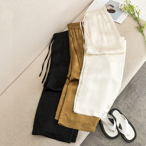 100醋酸皱2023夏季新款女裤直筒缎面阔腿裤松紧高腰垂感休闲长裤