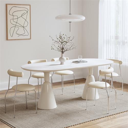 九策奶油风岩板餐桌椅组合现代简约家用小户型法式网红圣杯玻璃钢