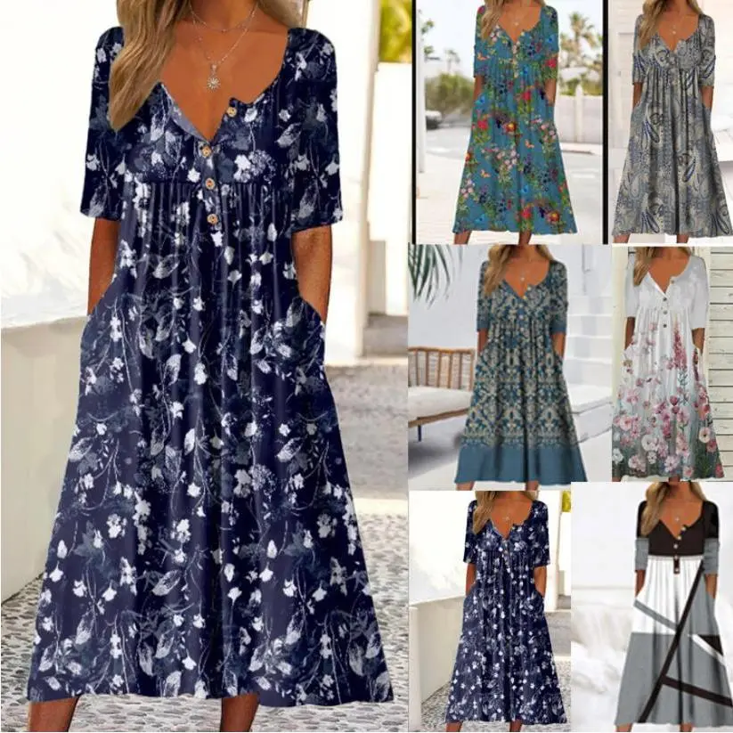 大码印花口袋钉扣连衣长裙大量