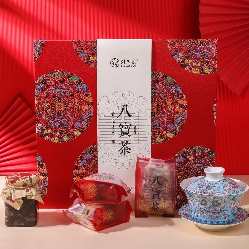 【刘三朵】宁夏特产五龙团锦锻礼盒传统原味八宝茶+盖碗+玫瑰酱
