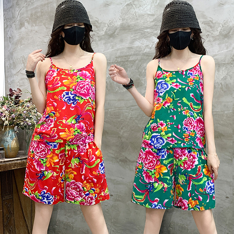 东北大花女士棉绸吊带套装