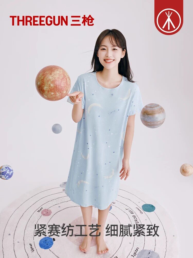 三枪睡裙女正品春季新品纯棉睡衣透气居家圆领棉质女士家居裙
