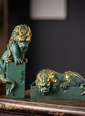 精选瑞兽c盘龙桌面摆件新中式客厅办公室玄关高级感小众青纱石工