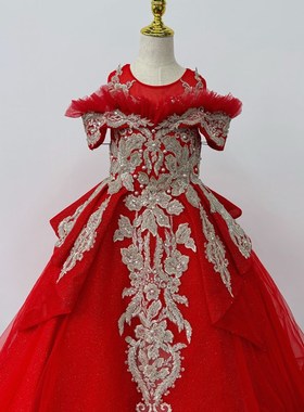 新选红色宫廷风i国潮走秀霸气礼服女童元旦春晚主持钢琴朗诵高定
