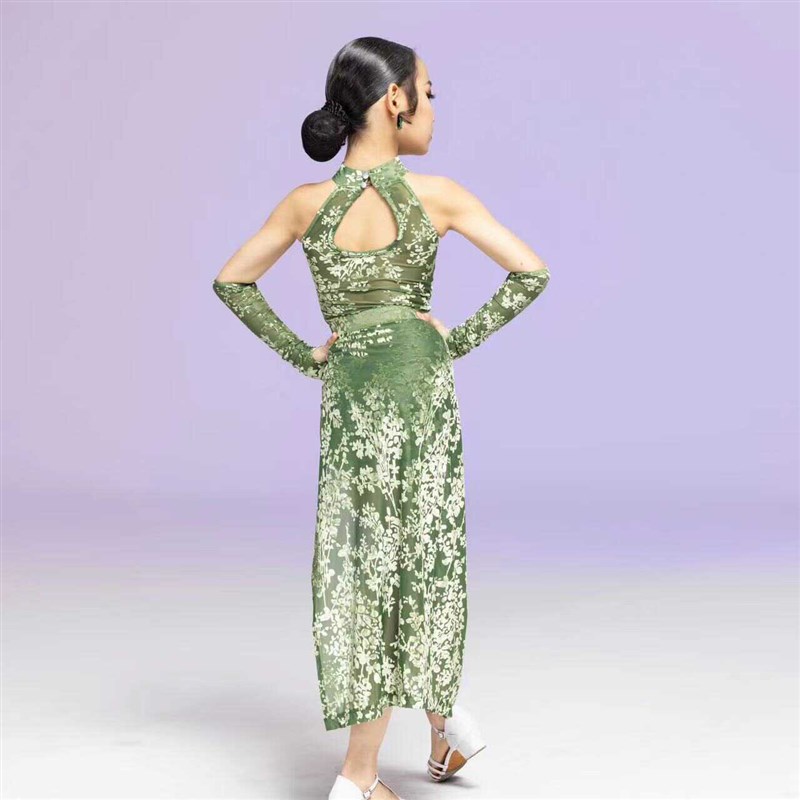 新选FZS 夏季k新款女童拉丁舞服连体花色旗袍中国风高级表演练功
