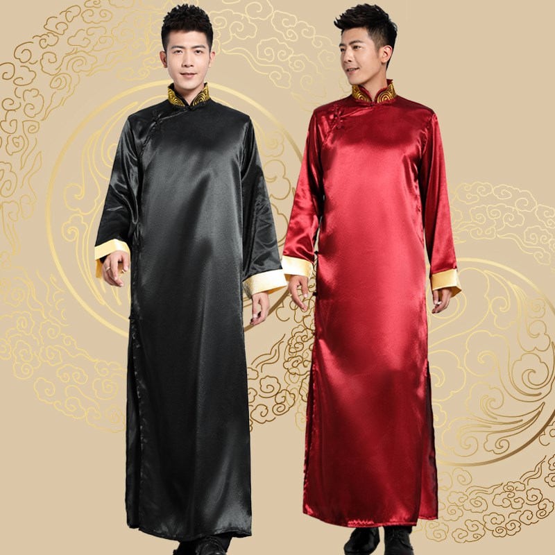新选伴郎服中式兄弟装唐装男夏季长袍马褂中国风大码X红色结婚礼