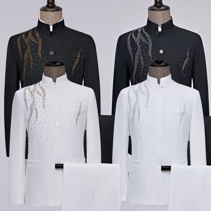 新选新中式立领中山装司仪亮钻西服套装主L持人舞台表演礼服演出