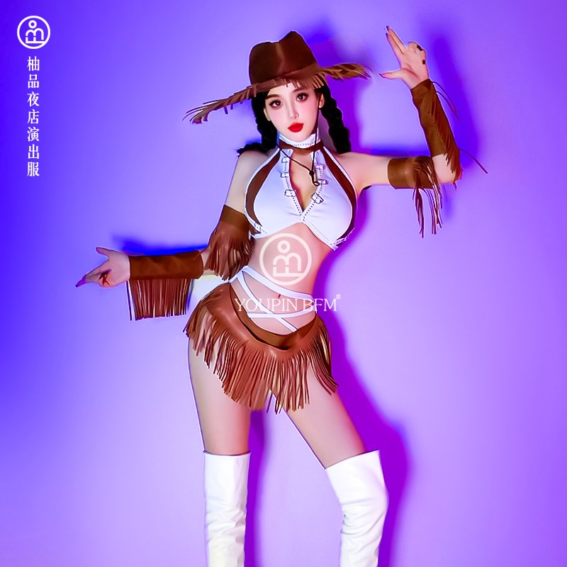 新选酒吧gogo演出服性感女团dj废土风辣妹N牛仔流苏套装舞队商演