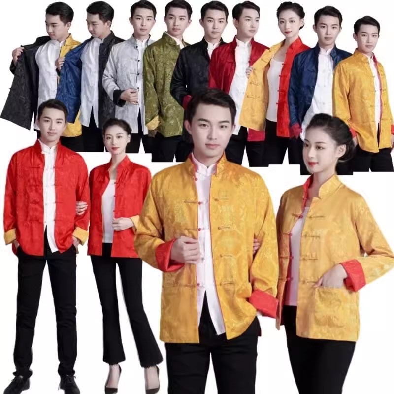 新选青年唐装男中式丝绸双面结婚礼服伴郎旗袍兄S弟新郎复古表演