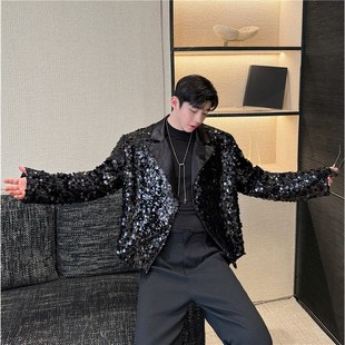 新选主持人歌手年会晚会银色亮晶晶珠片演出M服舞台西装男炸街亮