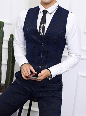 新选深蓝色提花马甲男套装s修身胖子显瘦酒吧KTV歌手演出司仪结婚