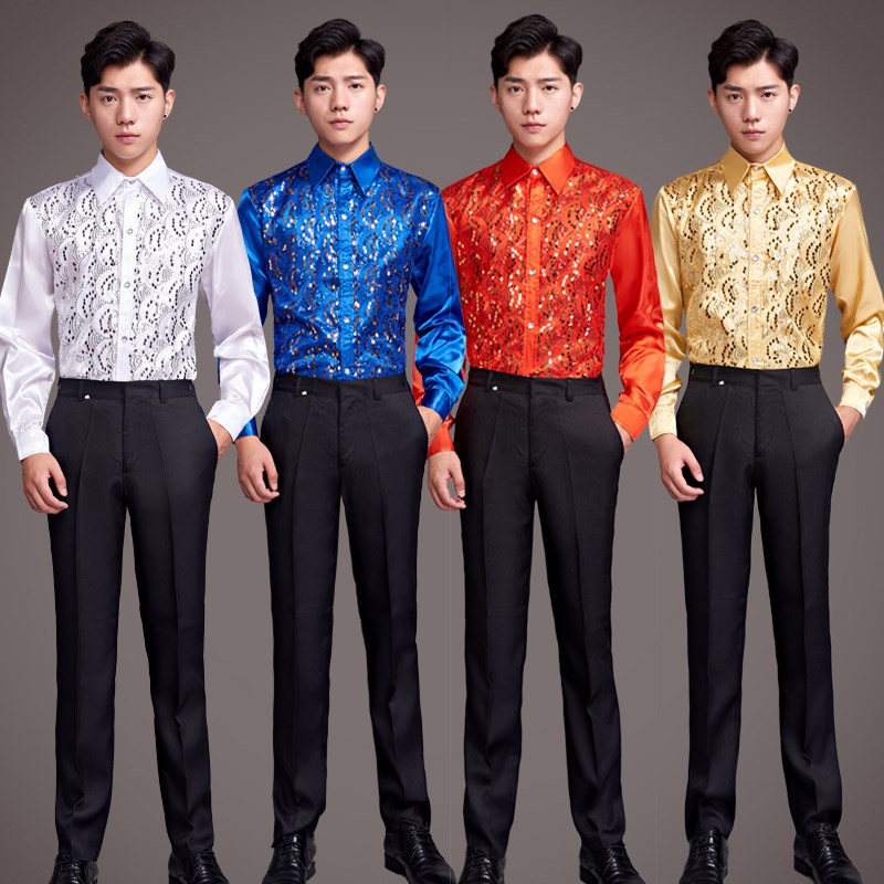 新选男士亮片演出衬衫舞台表演大合唱团长袖N衬衣男生主持司仪歌