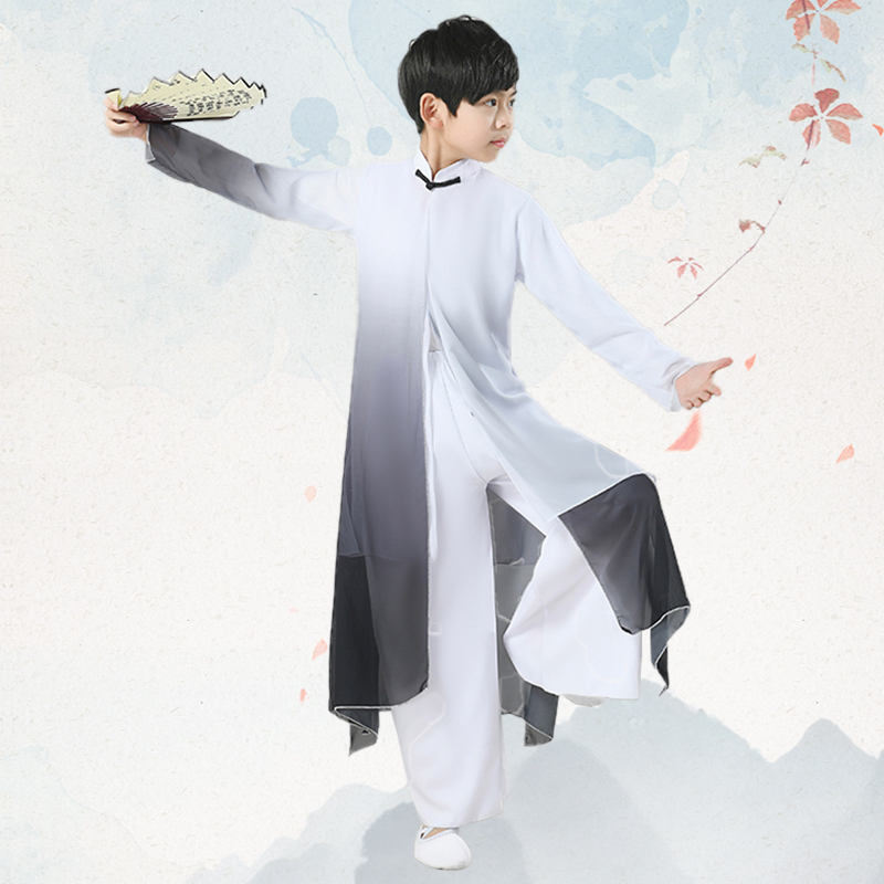 新选男童飘逸中国风儿童水墨古典演出服舞剑太极舞蹈W服少年强扇
