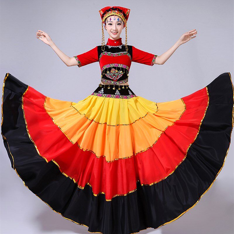 新选六一儿童彝族舞蹈服演出v服大摆裙合唱服火把节少数民族服装