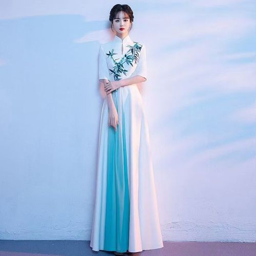 新选大合b唱比赛表演服女长裙中国风白色演出服成人古筝诗歌朗诵