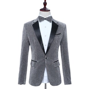 新选晚会男主持人时尚礼服黑灰色亮丝面料演N出西服单西舞台表演