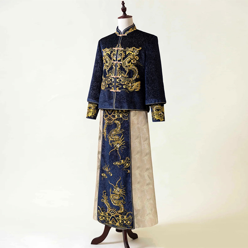 新选蓝色秀e禾服男士新郎装中式礼服年新款接亲服敬酒服唐装秀和