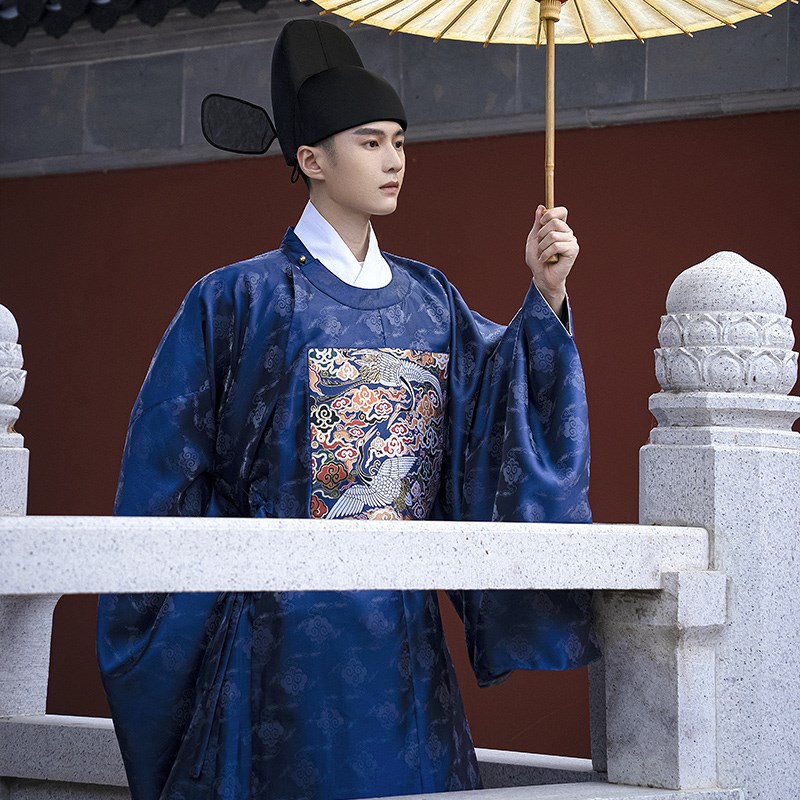 新选汉服男明h制妆花仙鹤文官官服圆领袍藏青蓝色司仪中式婚服男