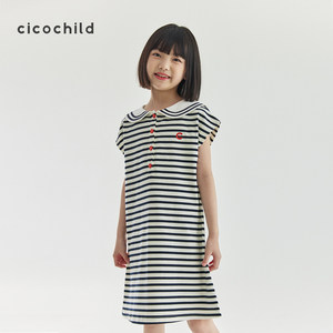 cicochild夏季女童撞色海军领条纹连衣裙经典无袖A字裙