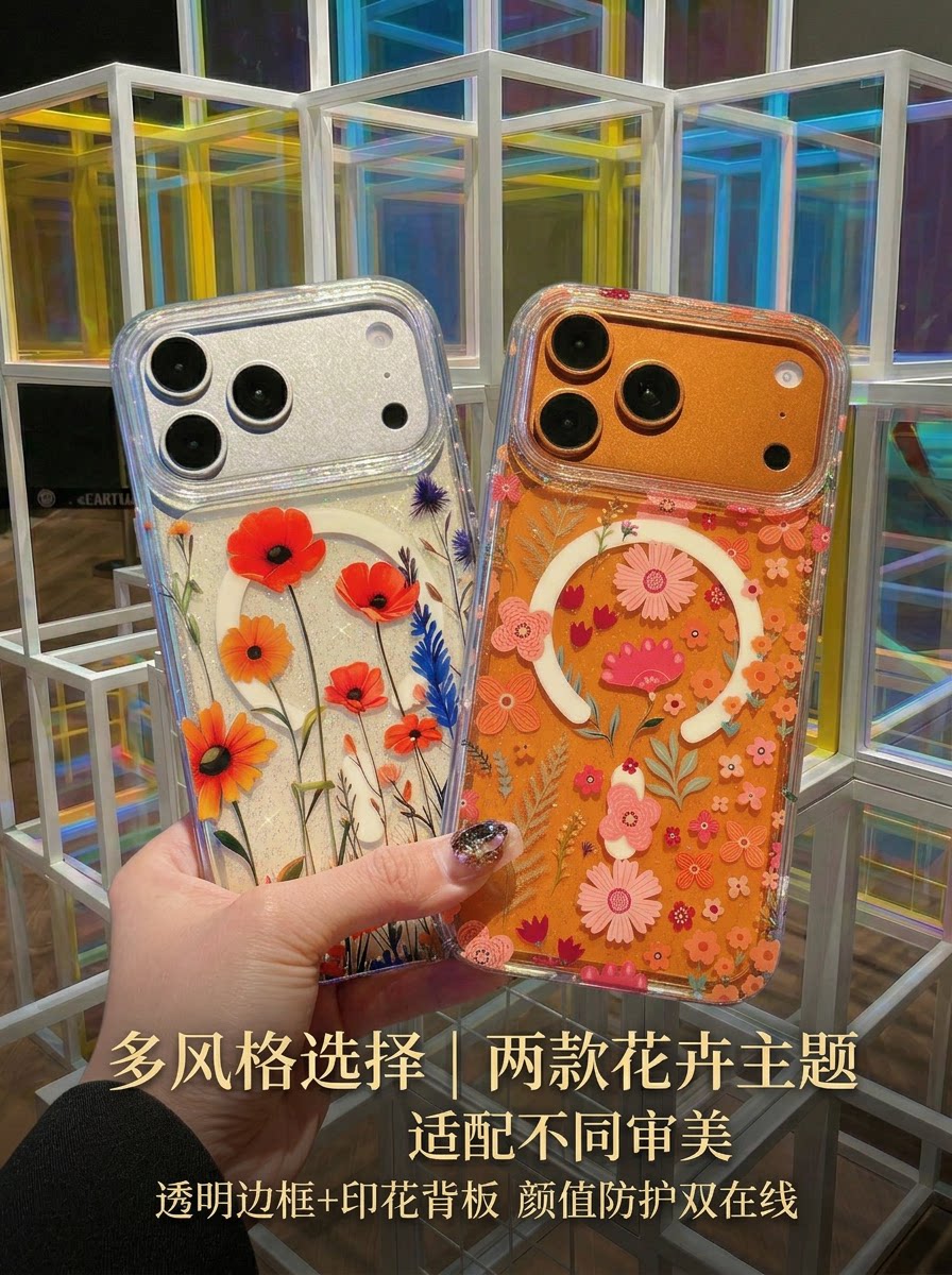 春日虞美人适用苹果17Air磁吸手机壳iPhone16E透明闪粉15plus蓝光14碎花17promax小清新13防摔女神16pm保护套