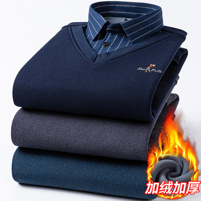 保暖衬衫领假两件男加绒加厚内衣