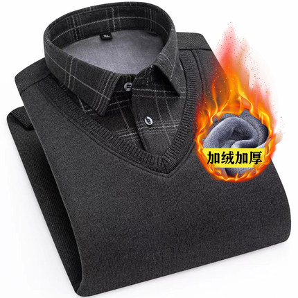 男士假两件保暖内衣青年男加绒加厚衬衫领中年大码休闲针织衫上衣