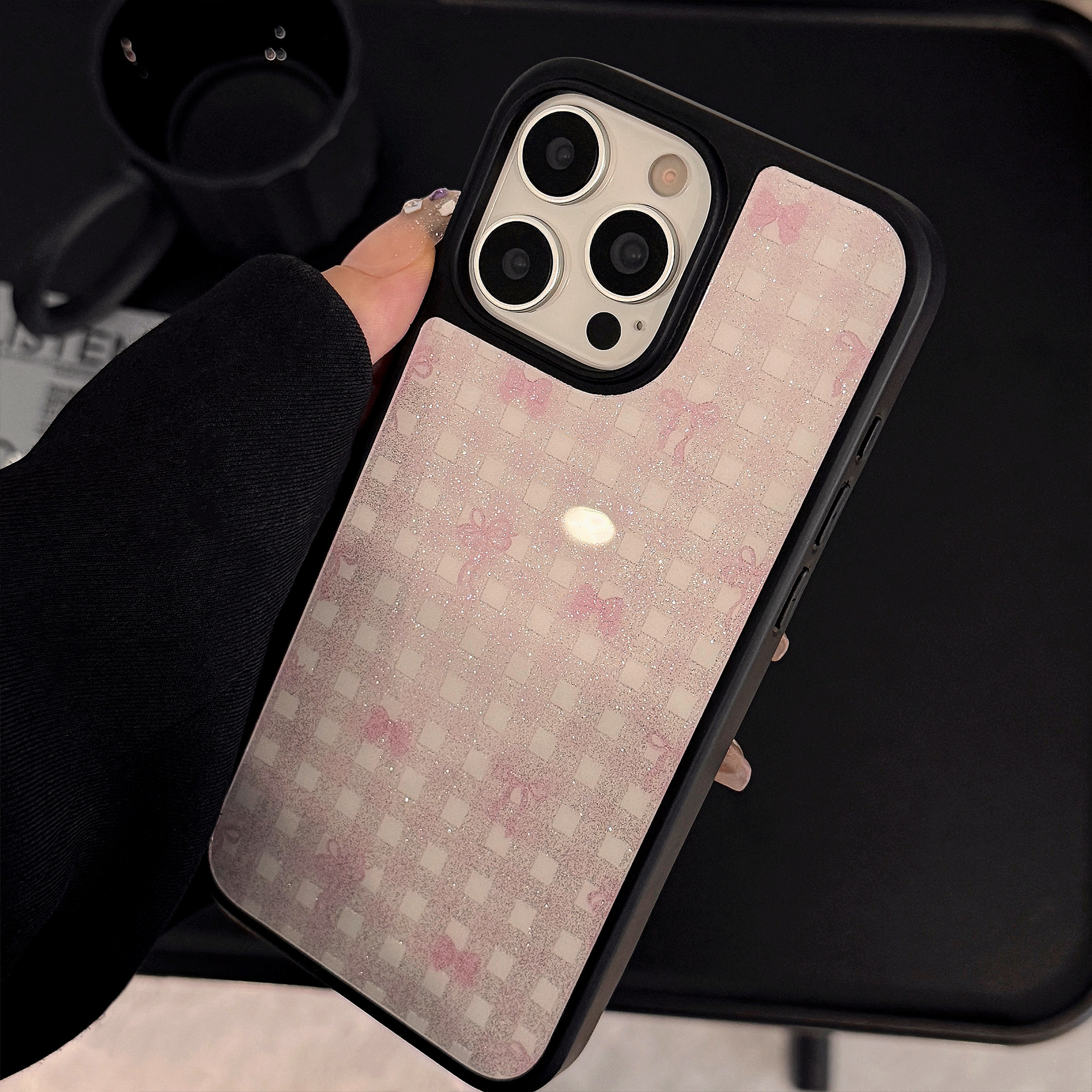 琉砂适用iphone15苹果16pro max手机壳ins闪粉格纹蝴蝶结13甜美
