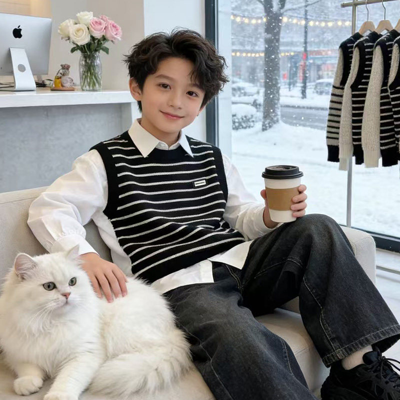 度度猫男童圆领毛衣2025秋冬装新款长袖打底上衣休闲百搭针织衫