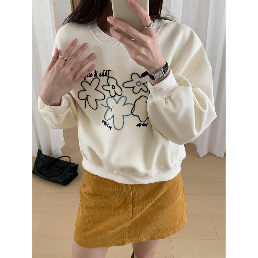M miss韩系花朵刺绣长袖卫衣女2025秋冬新款套头百搭通勤上衣