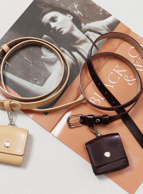 黑色真皮细腰带女复古迷你小腰包配牛仔裤装饰连衣裙子高级感皮带