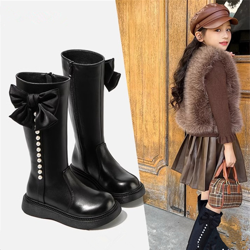 女童真皮软底长短筒加绒公主靴子