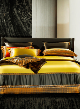 奢华宫廷四件套140S锦缎床上用品高端欧式蕾丝被套黄色床盖十件套