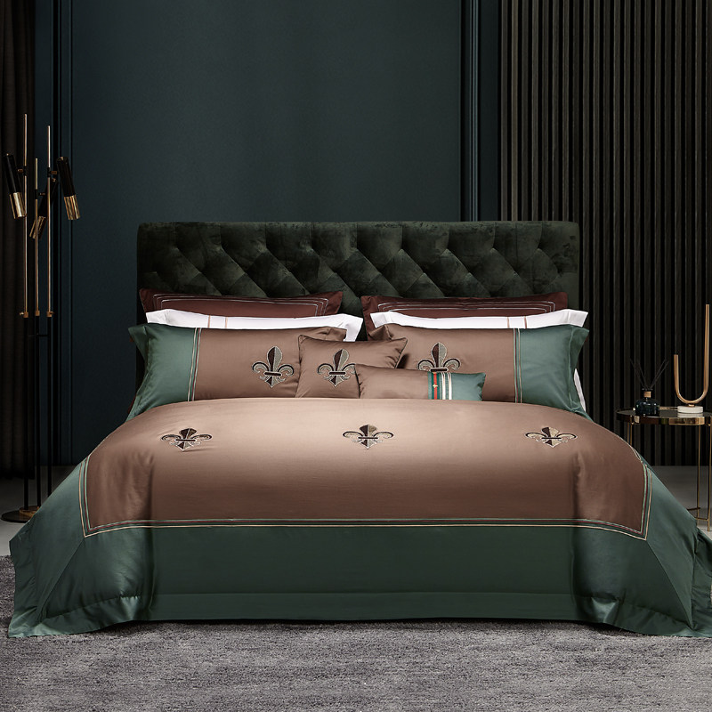 华斐家纺 简约欧美式全棉床上用品100支纯棉拼色四件套卡其色被套