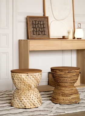 现代简约蕉麻藤编椅凳中世纪风Rebana柚木边几户外可防水鼓形椅凳