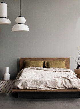 现代简约柚木床别墅主卧纯实木双人床中世纪风Wabisabi实木床架